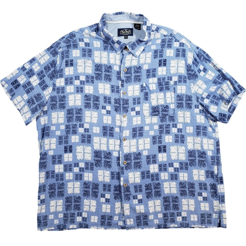 Nat Nast Hawaiian Shirt Men XXL Silk Blend Blue Short Sleeve Button Up Retro 2XL
